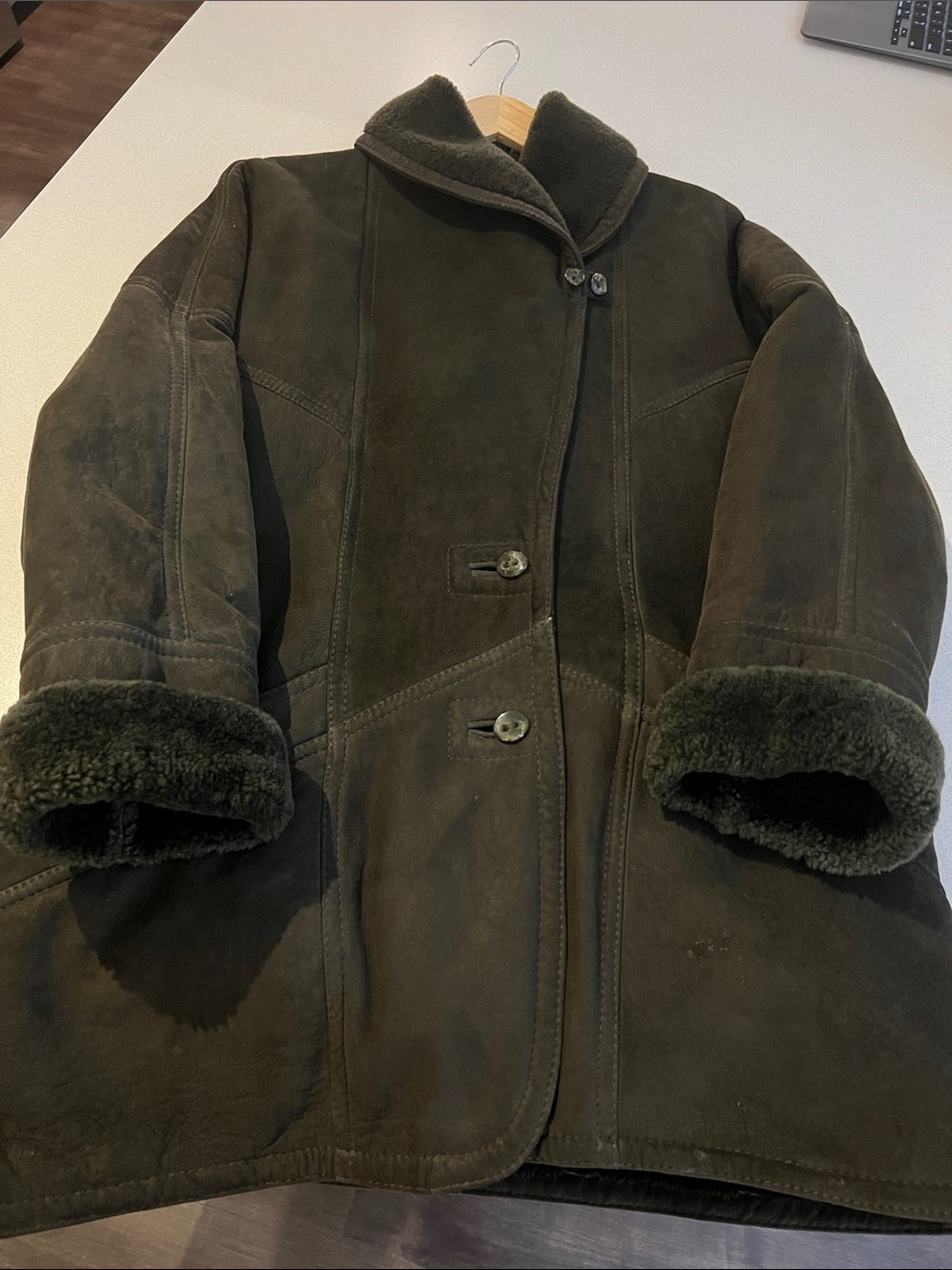 Hugo Buscati Milano suede jacket, thick shearling lining, dark brown, size Small